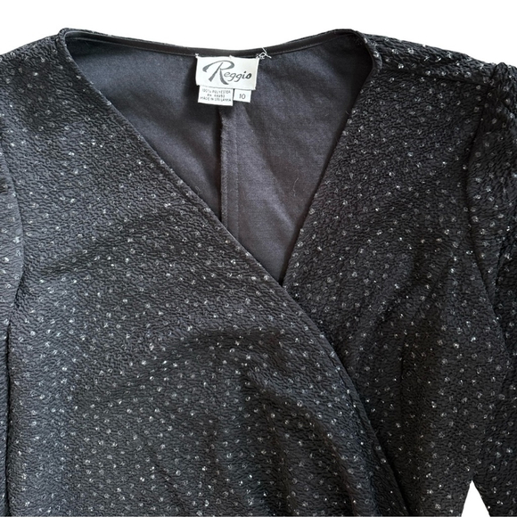 Vintage 90s Reggio Black Sparkly Wrap Mini Dress Long Sleeve Size 10 - Picture 2 of 6